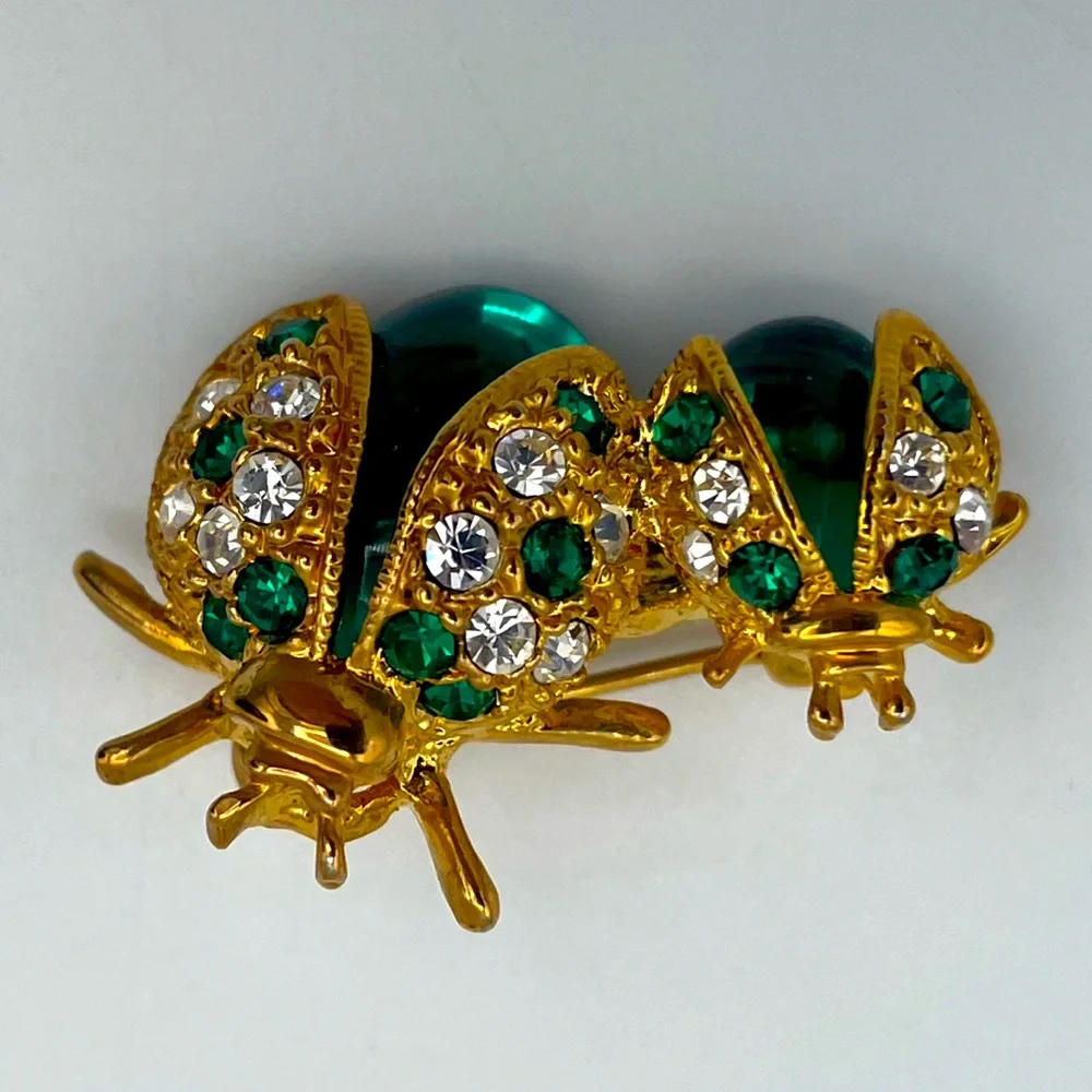 Vintage Gold and Green Beetles Brooch  Green Glass Torso & Rhinestones on Wings